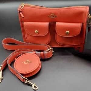 🌅Coach Set Leather Pennie Crossbody and Matching Coin Purse Orange Coral